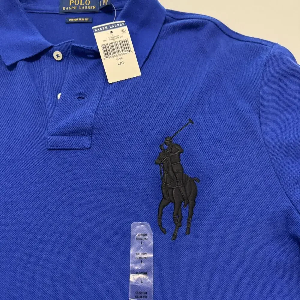 NEW Polo Ralph Lauren Polo Shirt Big Pony #3 Men's Large Blue Custom Fit Cotton